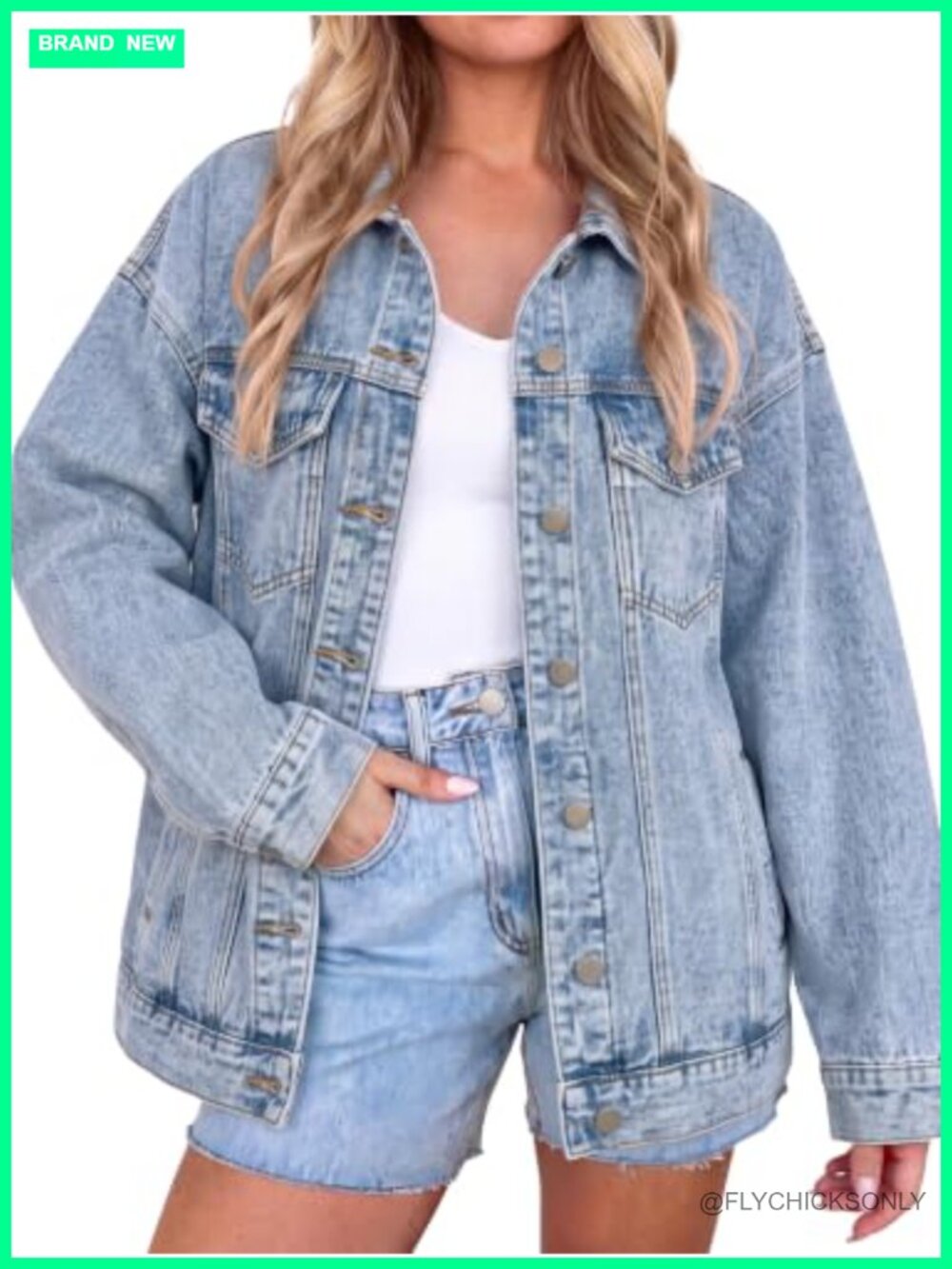 Oversized Button Down Denim Jacket Cotton Polyester Trucker Jean Coat